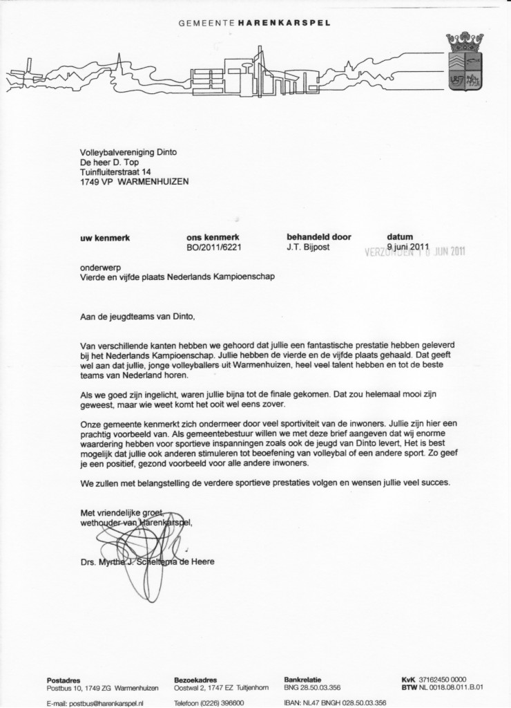 Felicitaties van de gemeente voor Dinto toppers