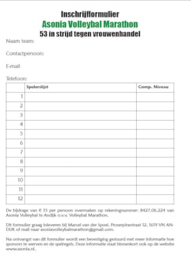 Inschrijfformulier voor Asonia Volleybal Marathon